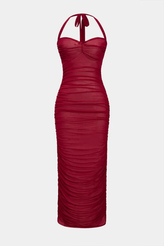Mesh Ruched Halter Neck Tie-Back Sleeveless Midi Dress sold by Micas