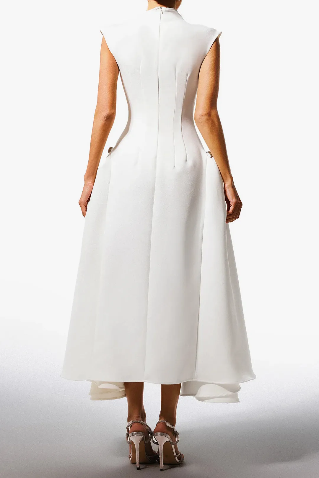 Chiffon Asymmetrical Neck Flutter Sleeve Metallic Ruched Midi Dress sold by Micas product image thumbnail 2