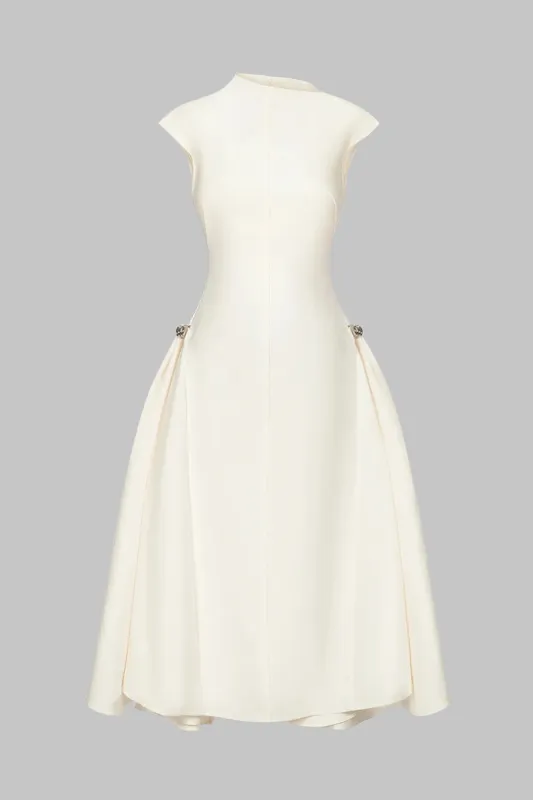 Chiffon Asymmetrical Neck Flutter Sleeve Metallic Ruched Midi Dress sold by Micas