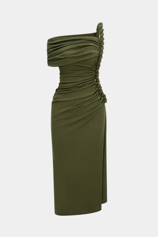 Asymmetrical Shoulder Ruched Twist Knot Sleeveless Maxi Dress sold by Micas