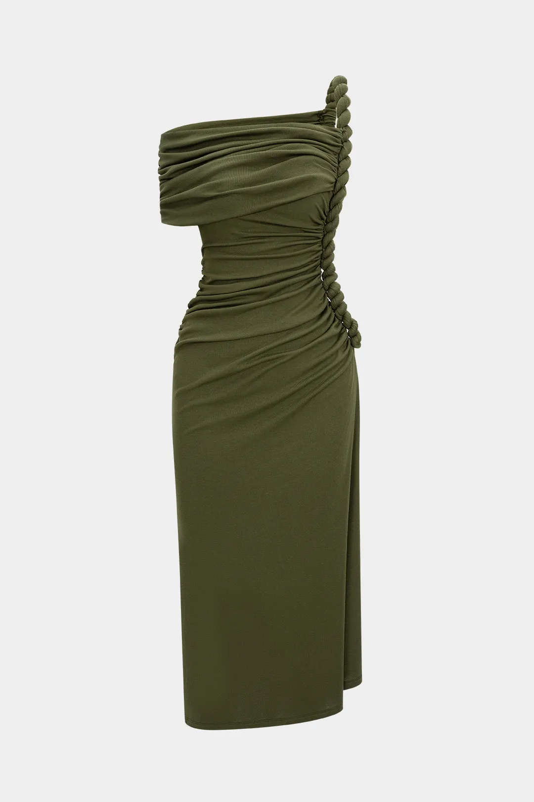 Asymmetrical Shoulder Ruched Twist Knot Sleeveless Maxi Dress sold by Micas