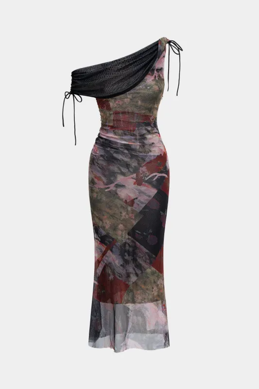 Abstract Print Mesh Asymmetrical Draped Cowl Neck Sleeveless Maxi Dress sold by Micas
