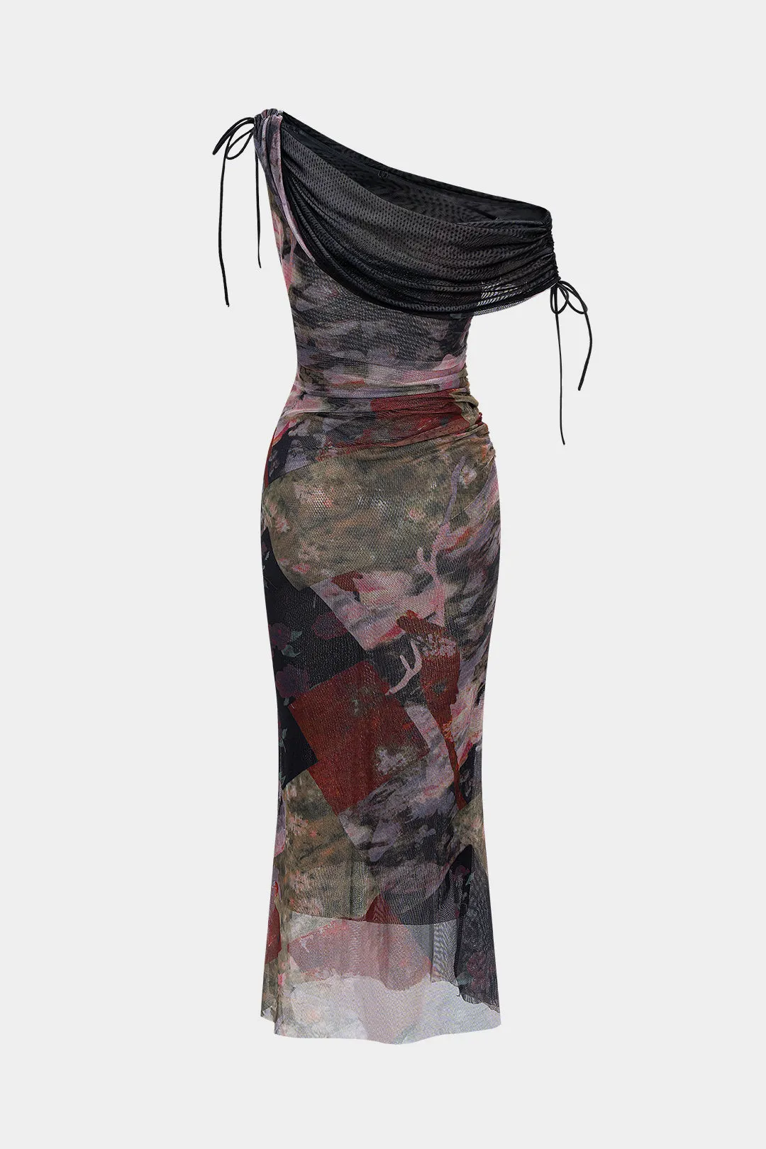 Abstract Print Mesh Asymmetrical Draped Cowl Neck Sleeveless Maxi Dress sold by Micas product image thumbnail 2