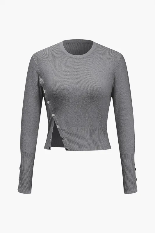 Knit Asymmetrical Button Slit Long-Sleeve Top sold by Micas