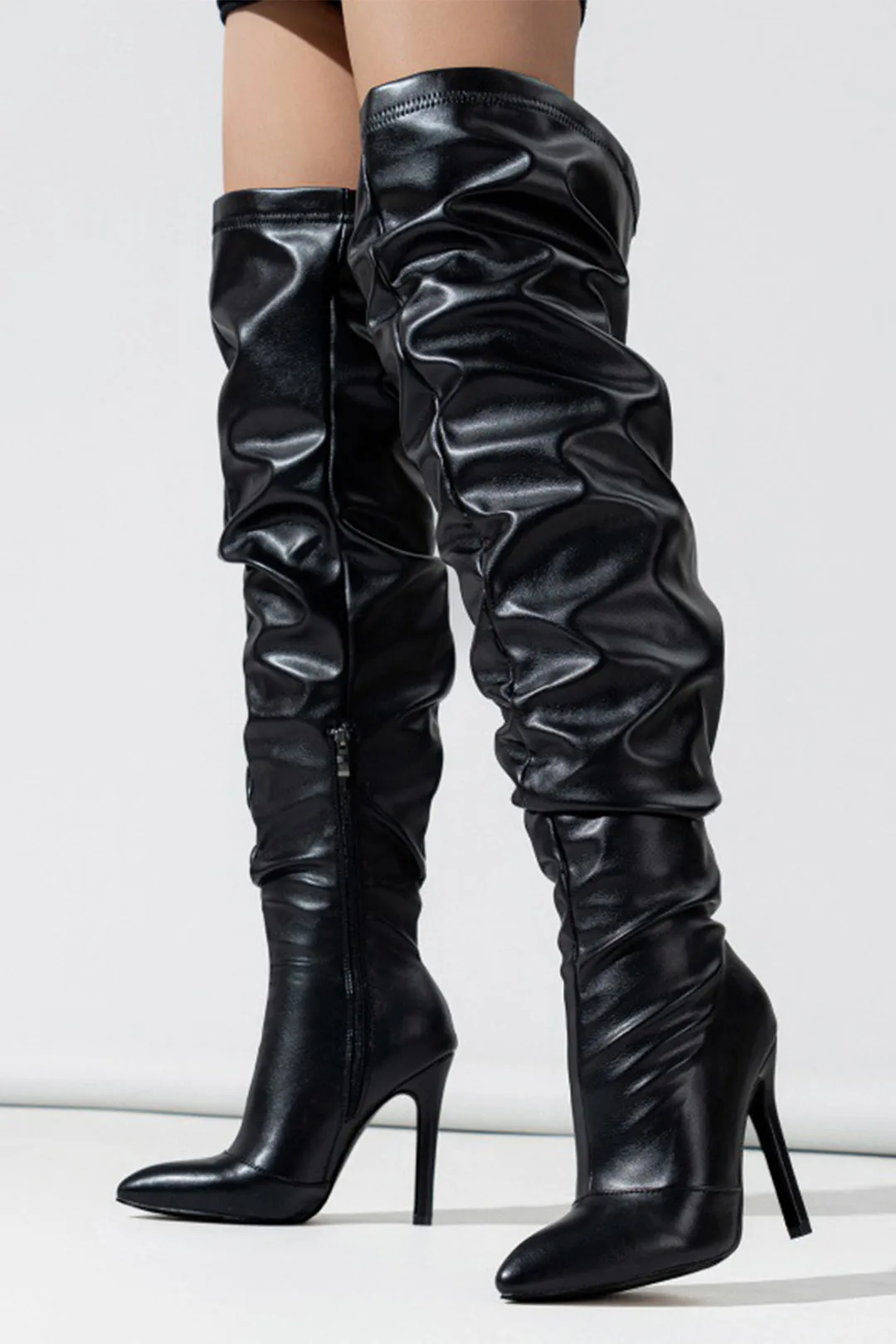 Leather Ruched Pointed Toe Over The Knee Boots sold by Micas