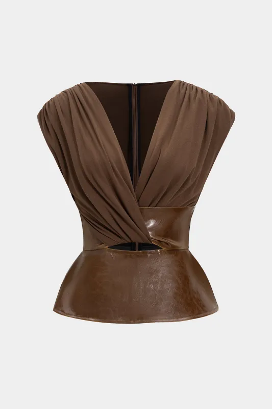 Faux Leather Patchwork Ruched Zipper Short-Sleeve Top sold by Micas