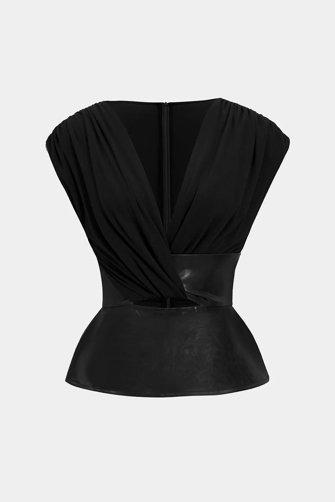 Faux Leather Patchwork Ruched Zipper Short-Sleeve Top sold by Micas product image thumbnail 5