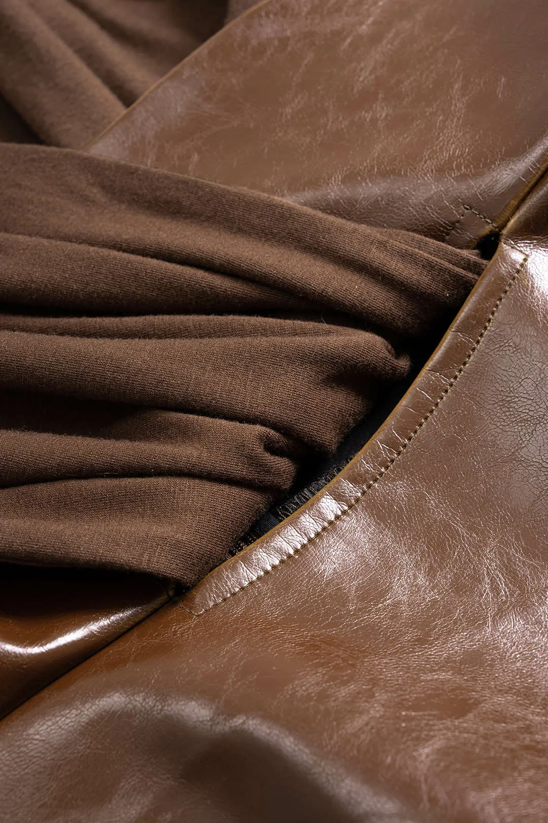 Faux Leather Patchwork Ruched Zipper Short-Sleeve Top sold by Micas product image thumbnail 3