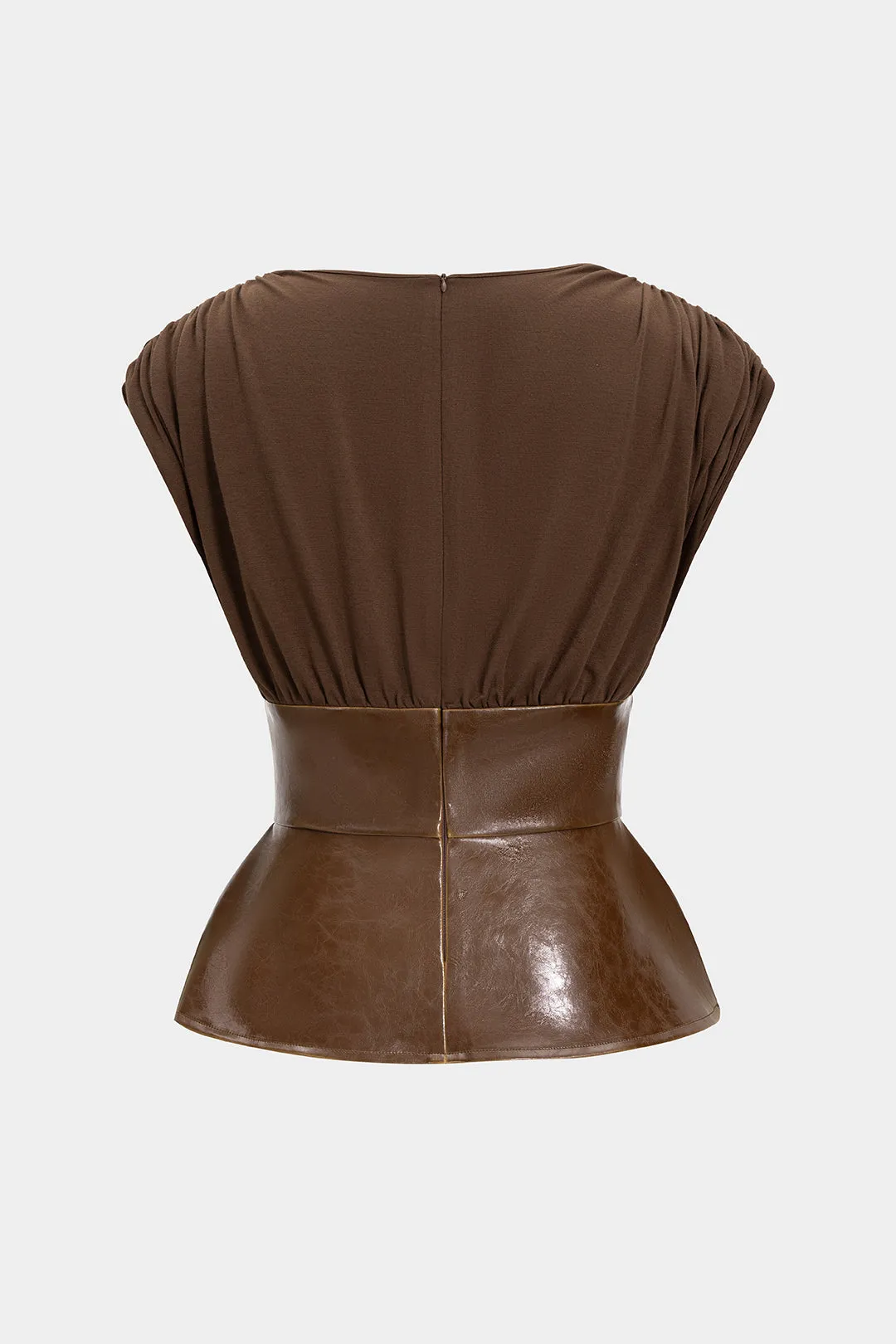 Faux Leather Patchwork Ruched Zipper Short-Sleeve Top sold by Micas product image thumbnail 2