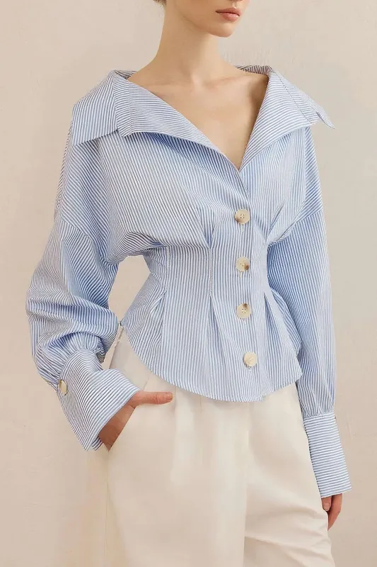 Stripes Print Button Ruched Long-Sleeve Shirt sold by Micas