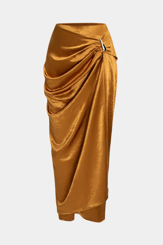 Satin Asymmetrical Metallic Decor Ruched Skirt sold by Micas