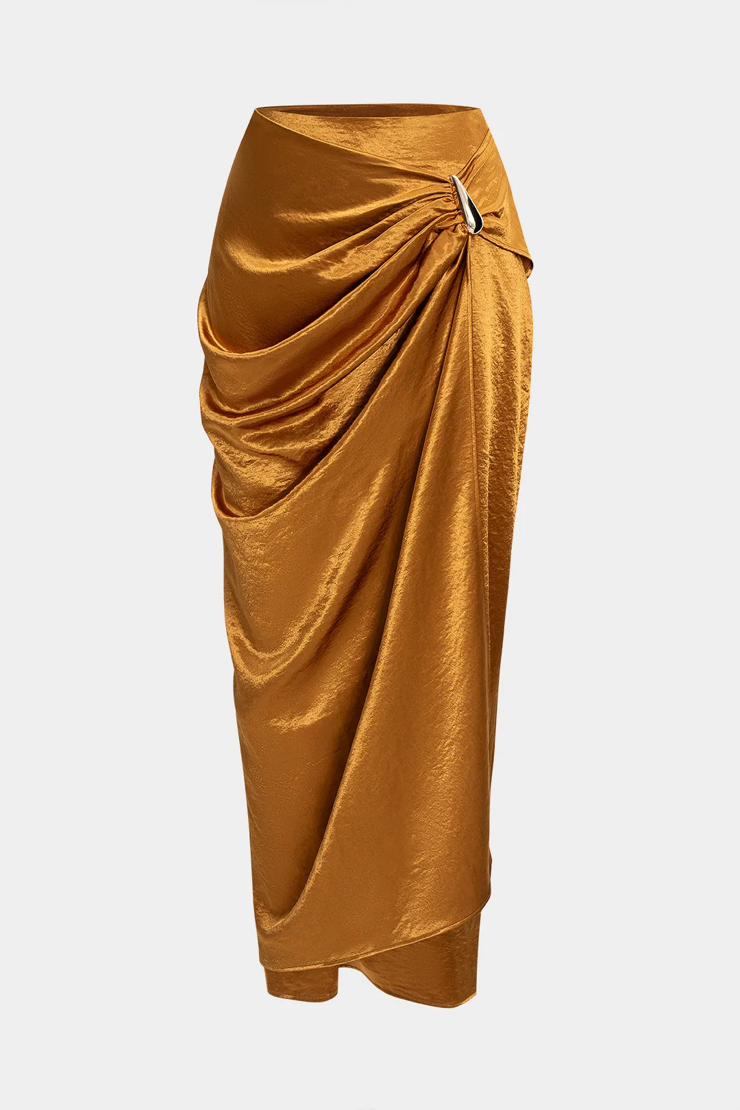 Satin Asymmetrical Metallic Decor Ruched Skirt sold by Micas