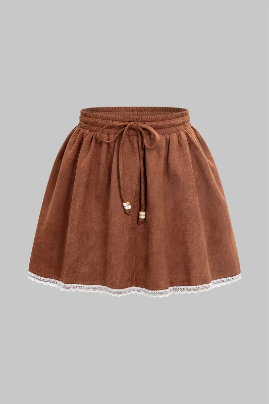 Lace Trim Patchwork Suede Tie-Up Puff Mini Skirt made by Micas