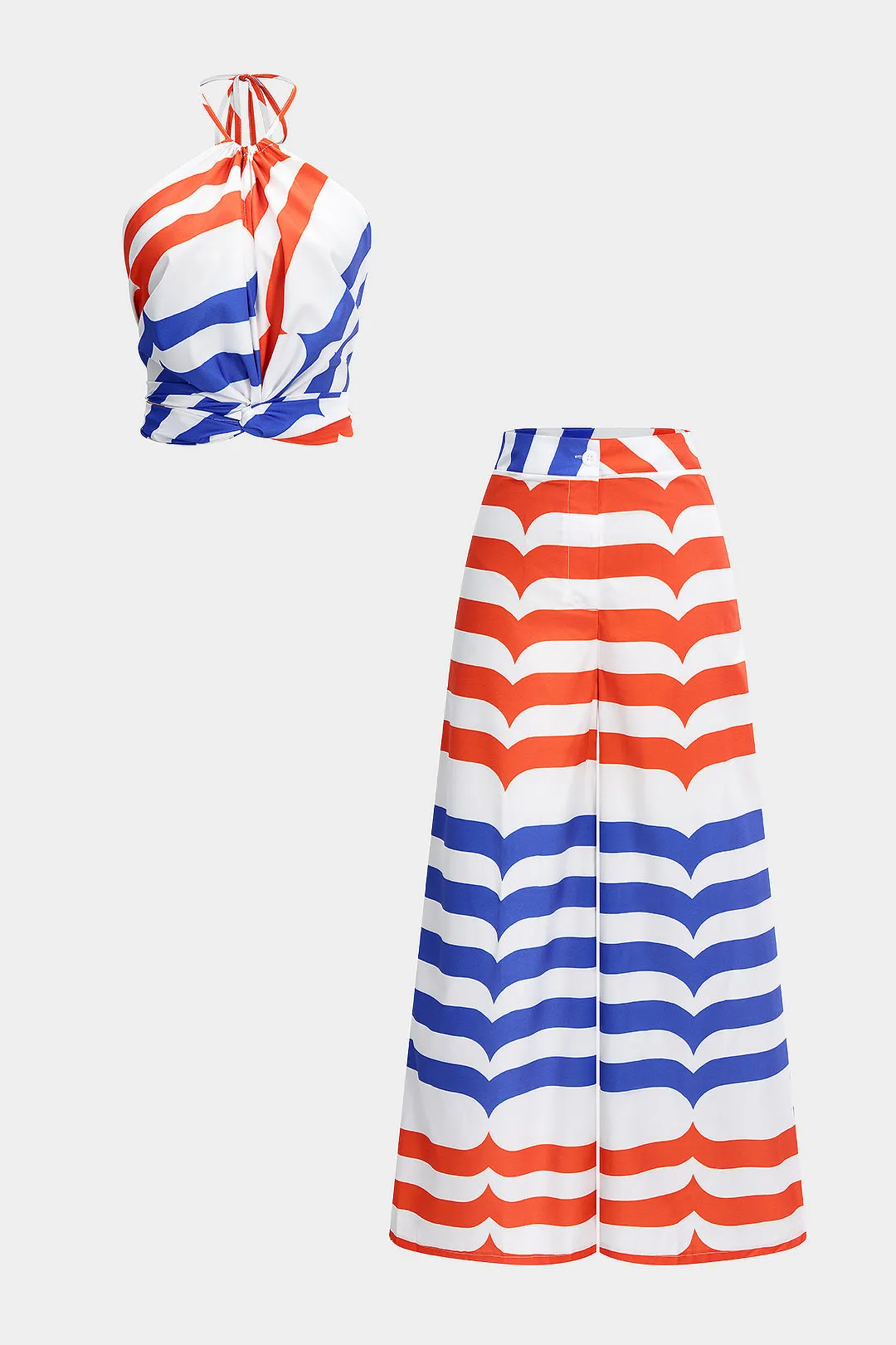 Stripes Print Tie-Back Backless Twist Knot Cami Top And Trousers Set sold by Micas