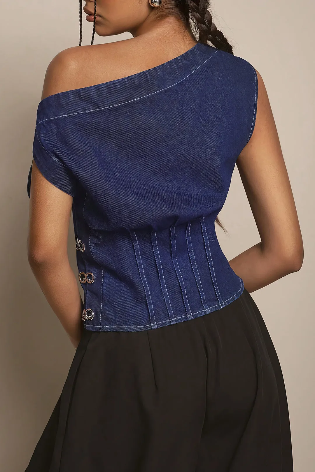 Denim One Shoulder Metallic Buckle Waist-Cinching Top sold by Micas product image thumbnail 2