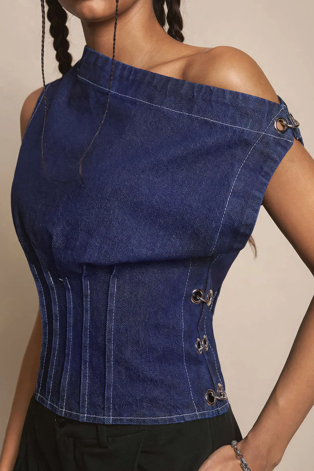 Denim One Shoulder Metallic Buckle Waist-Cinching Top sold by Micas