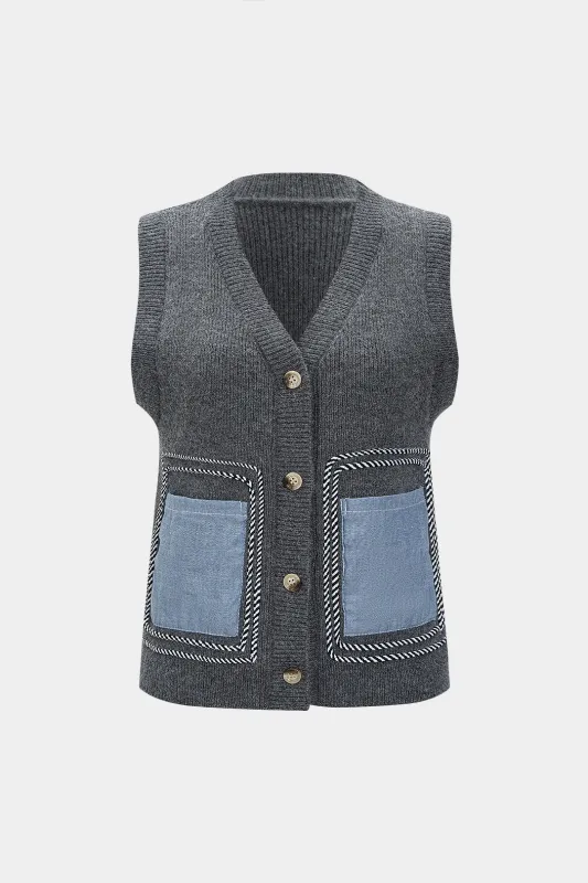 Knit Patchwork Pocket Button Vest sold by Micas