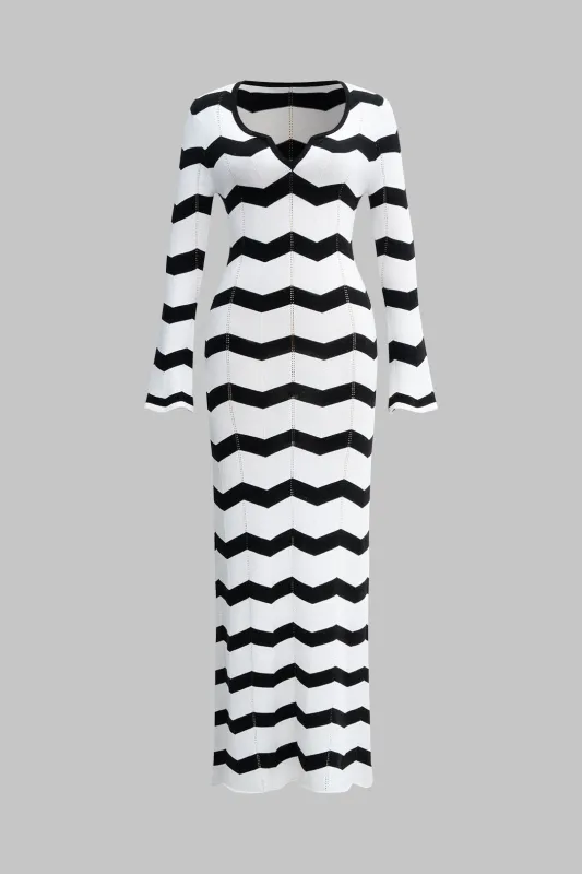 Knit Stripes Contrast Long-Sleeve Dress made by Micas