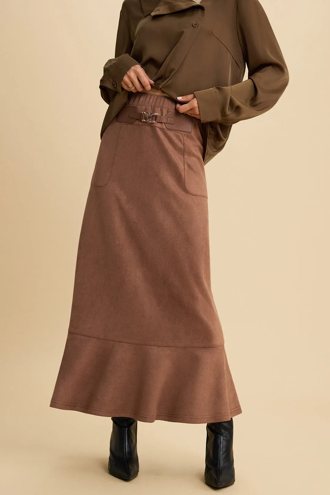 Suede Patchwork Belted High Waist Skirt sold by Micas