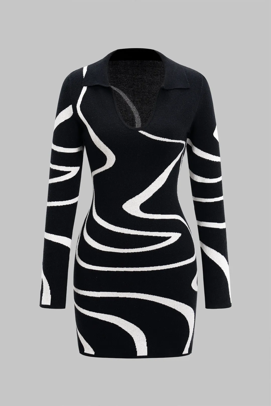 Knit Contrast Abstract Print V-Neck Dress Short Sleeve sold by Micas