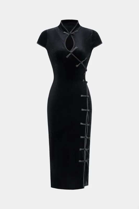 Velvet Asymmetrical Frog Button Short Sleeve Slit Midi Dress sold by Micas
