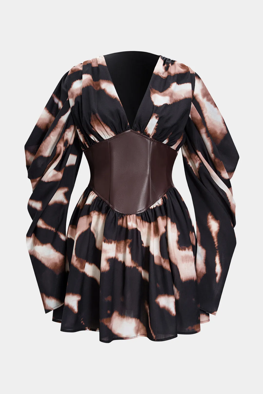 Abstract Print Faux Leather Corset Waist Patchwork Long Sleeve Mini Dress sold by Micas