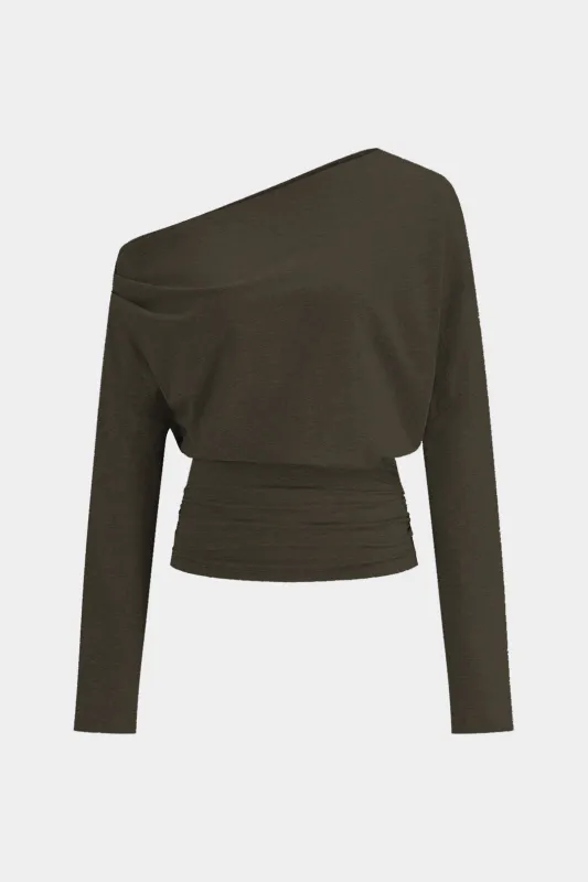 Ruched Asymmetrical Shoulder Waist-Cinching Long-Sleeve Top sold by Micas