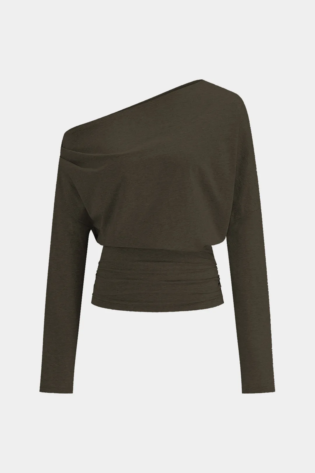 Ruched Asymmetrical Shoulder Waist-Cinching Long-Sleeve Top sold by Micas