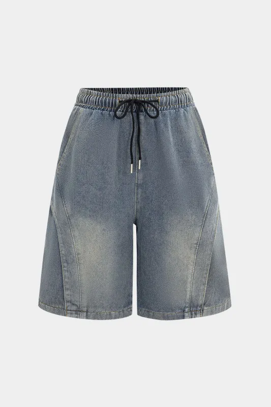 Denim Washed Shirred Waistband Tie-Up Jorts sold by Micas