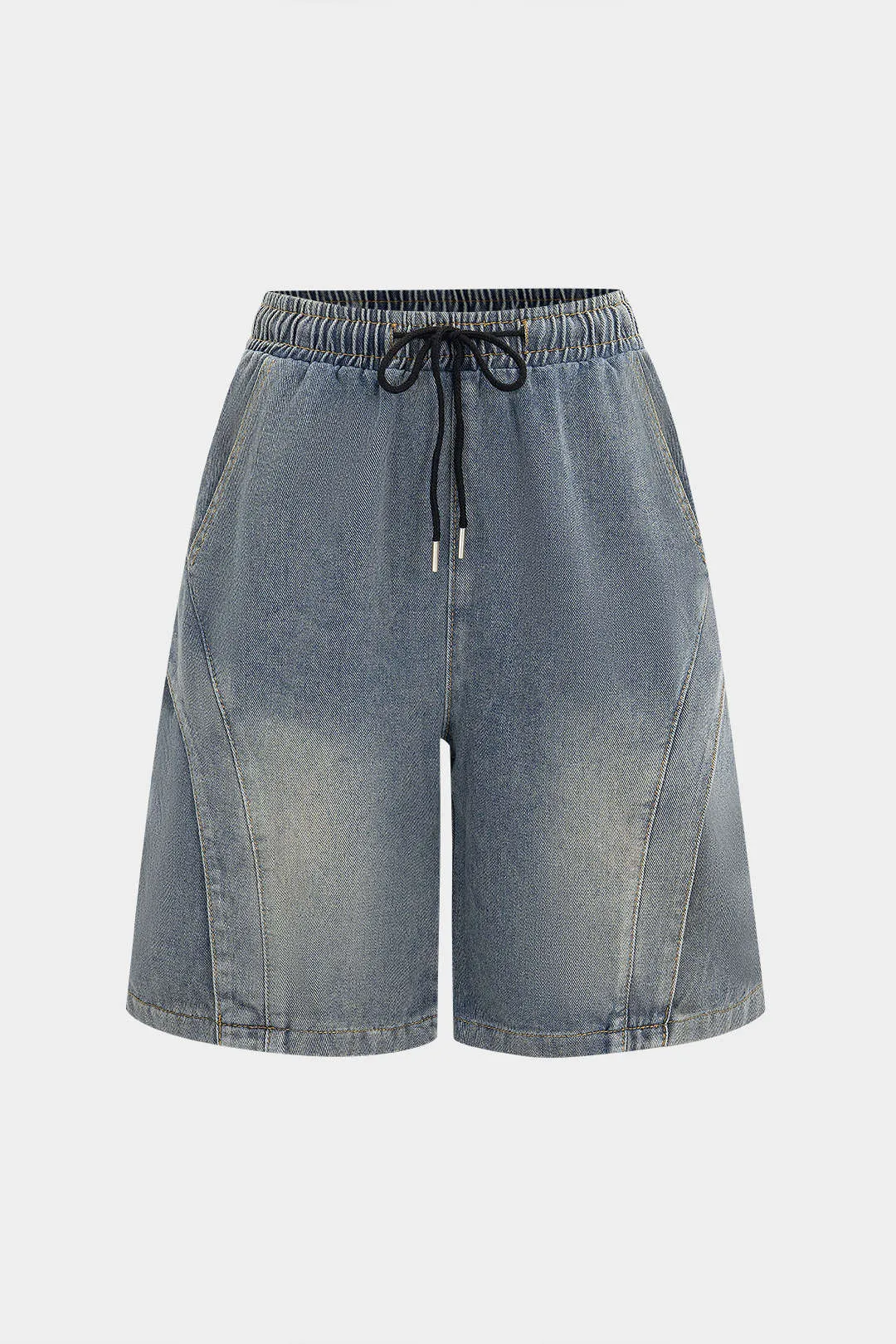 Denim Washed Shirred Waistband Tie-Up Jorts sold by Micas