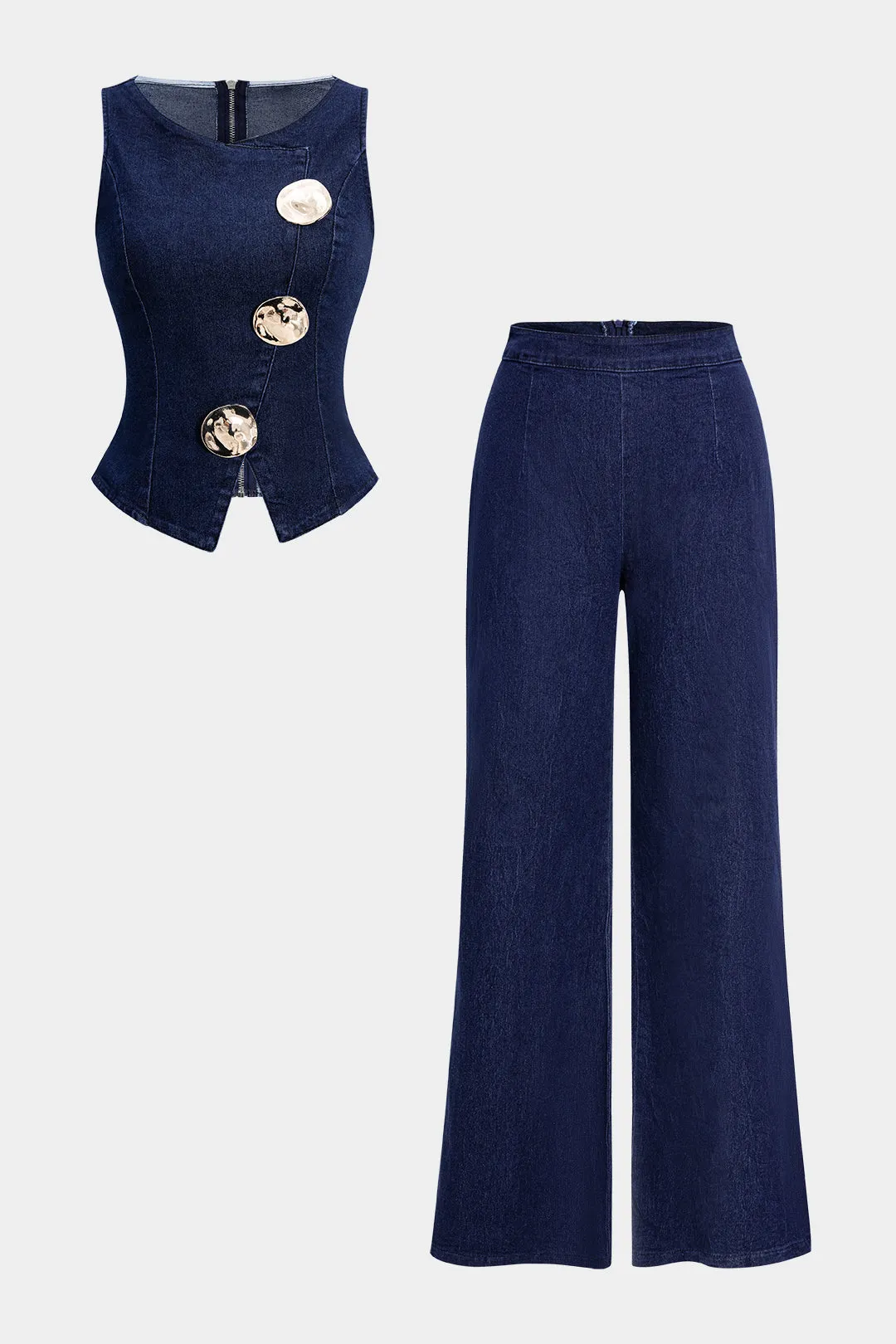 Denim Metallic Decor Tank Top And Zipper Jeans Suit sold by Micas