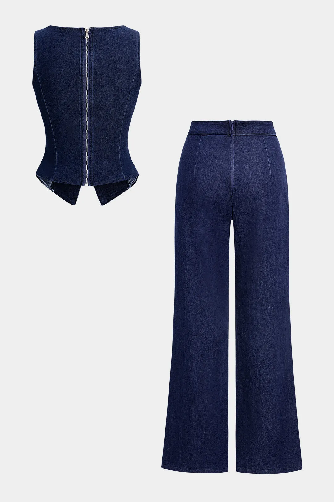 Denim Metallic Decor Tank Top And Zipper Jeans Suit sold by Micas product image thumbnail 2