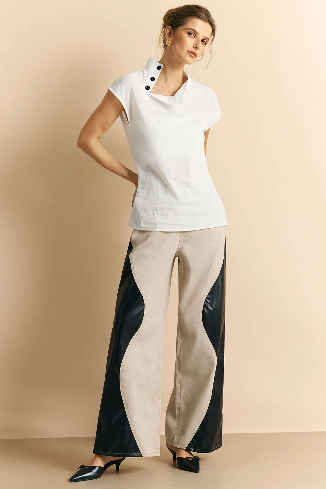 Faux Leather Button Patchwork Trousers sold by Micas product image thumbnail 4