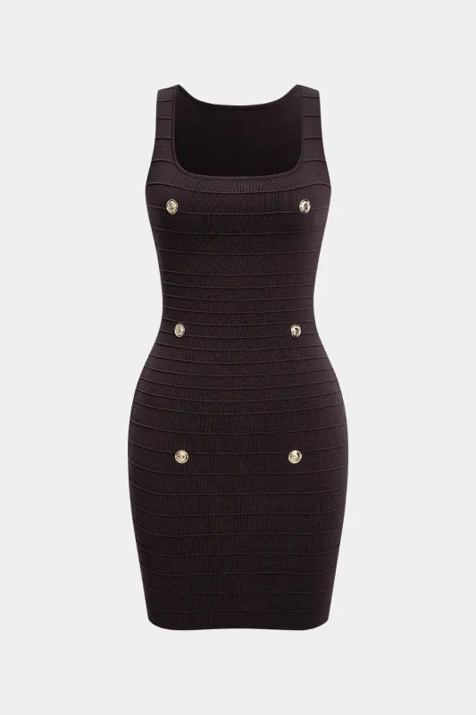 Knit Sqaure Neck Button Decor Sleeveless Dress sold by Micas