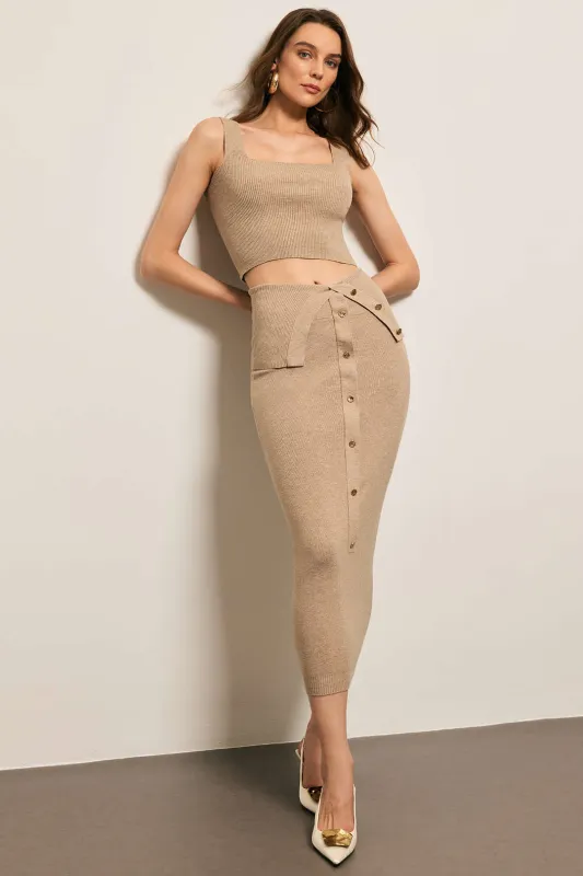 Knit Solid Cami Top And Metallic Decor Button Skirt Set sold by Micas