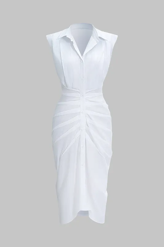 Button Pleated Tie-Back Sleeveless Midi Dress sold by Micas