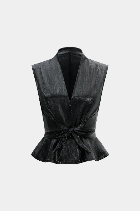 Faux Leather V-Neck Knotted Ruffle Hem Tank Top sold by Micas