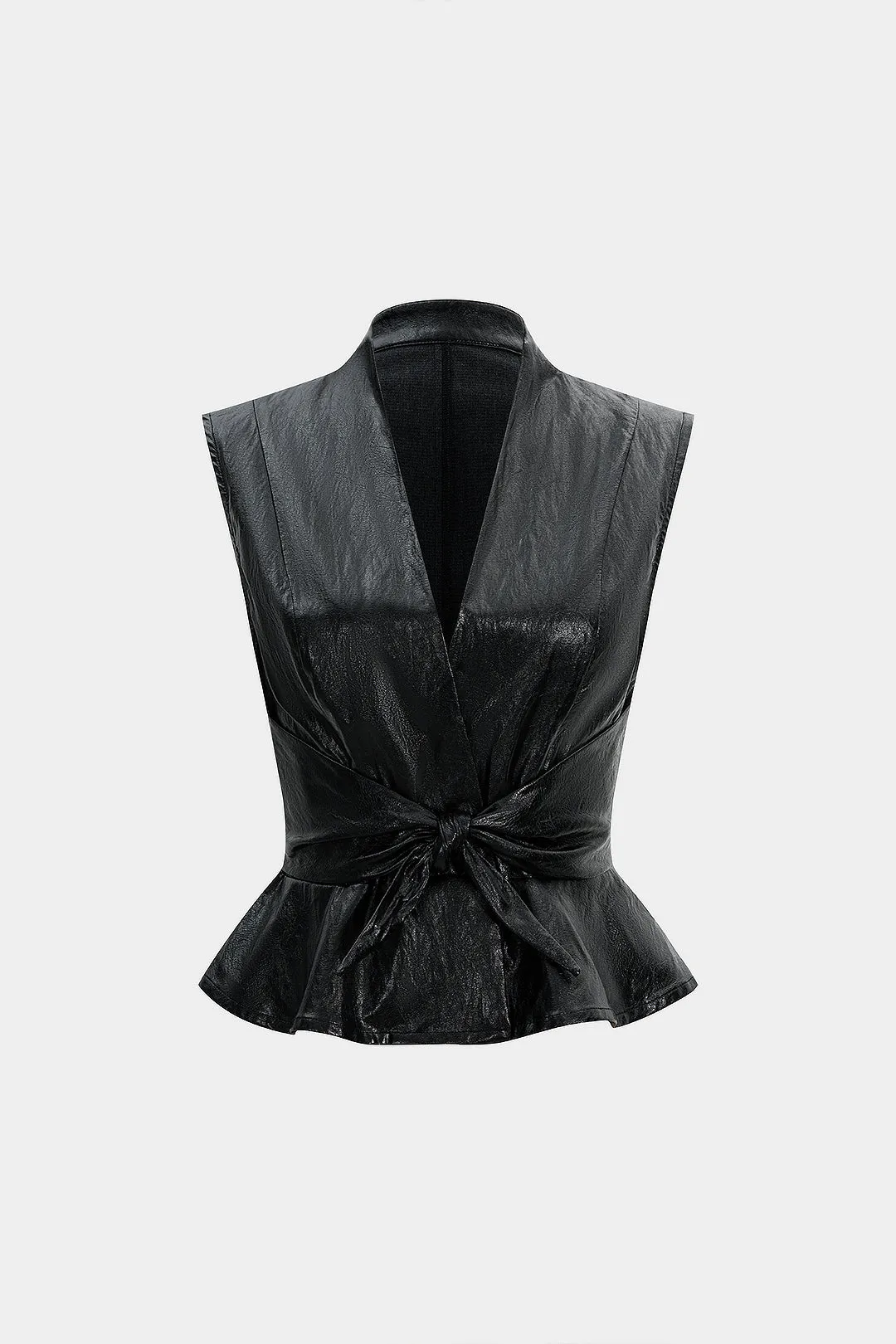 Faux Leather V-Neck Knotted Ruffle Hem Tank Top sold by Micas
