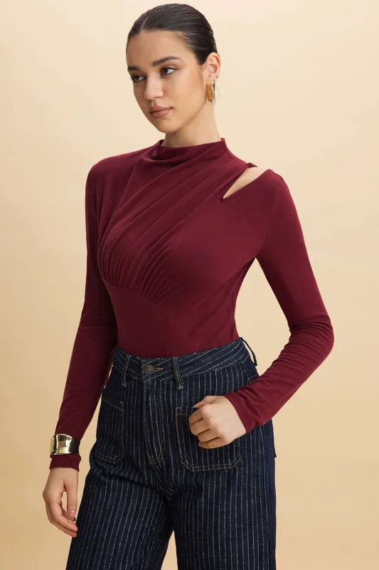 Asymmetrical Ruched Hollow Out Long Sleeve Bodysuit sold by Micas