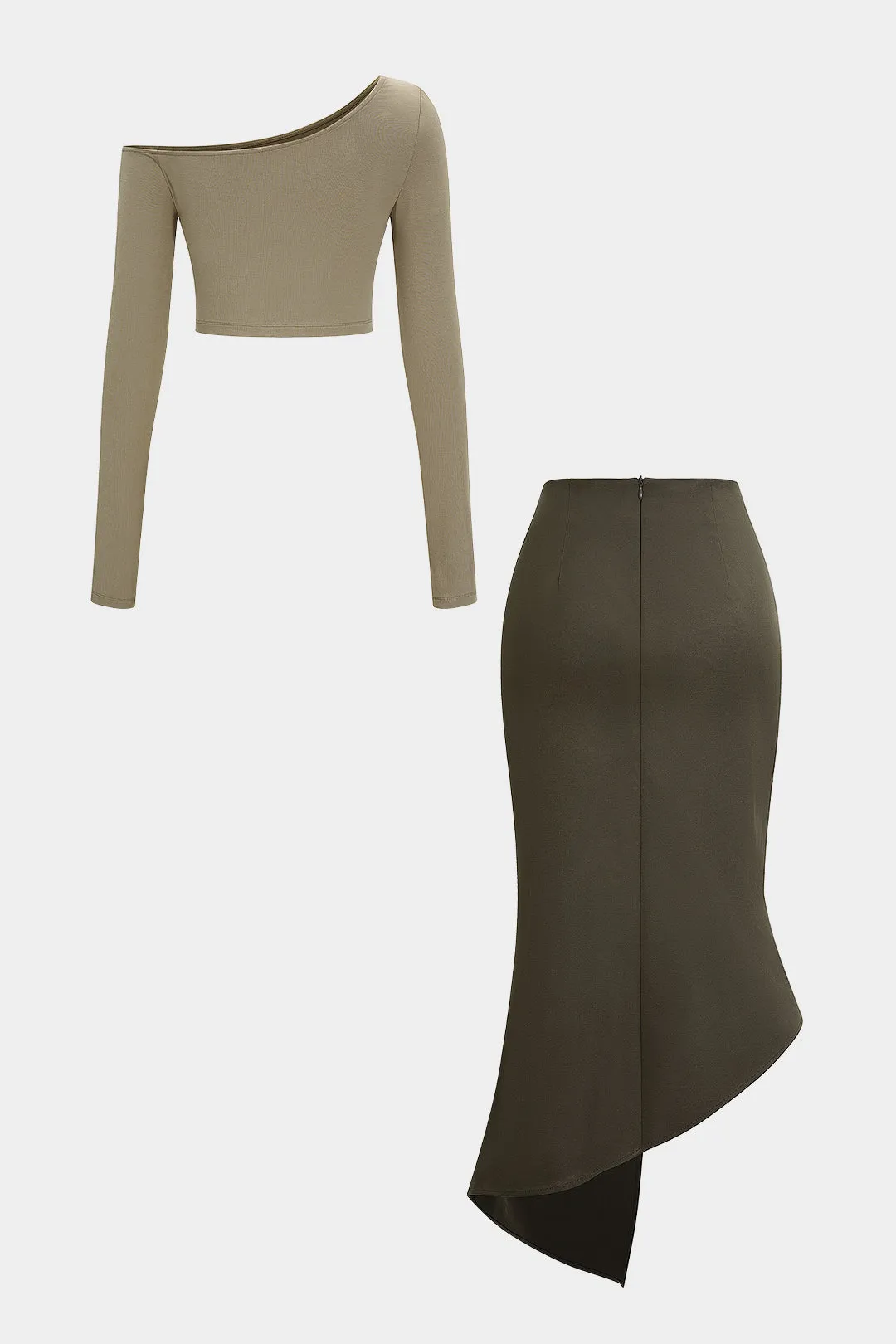 Asymmetrical Neck Long-Sleeve Top And Button Pleated Zipper Low Waist Skirt Set sold by Micas product image thumbnail 2