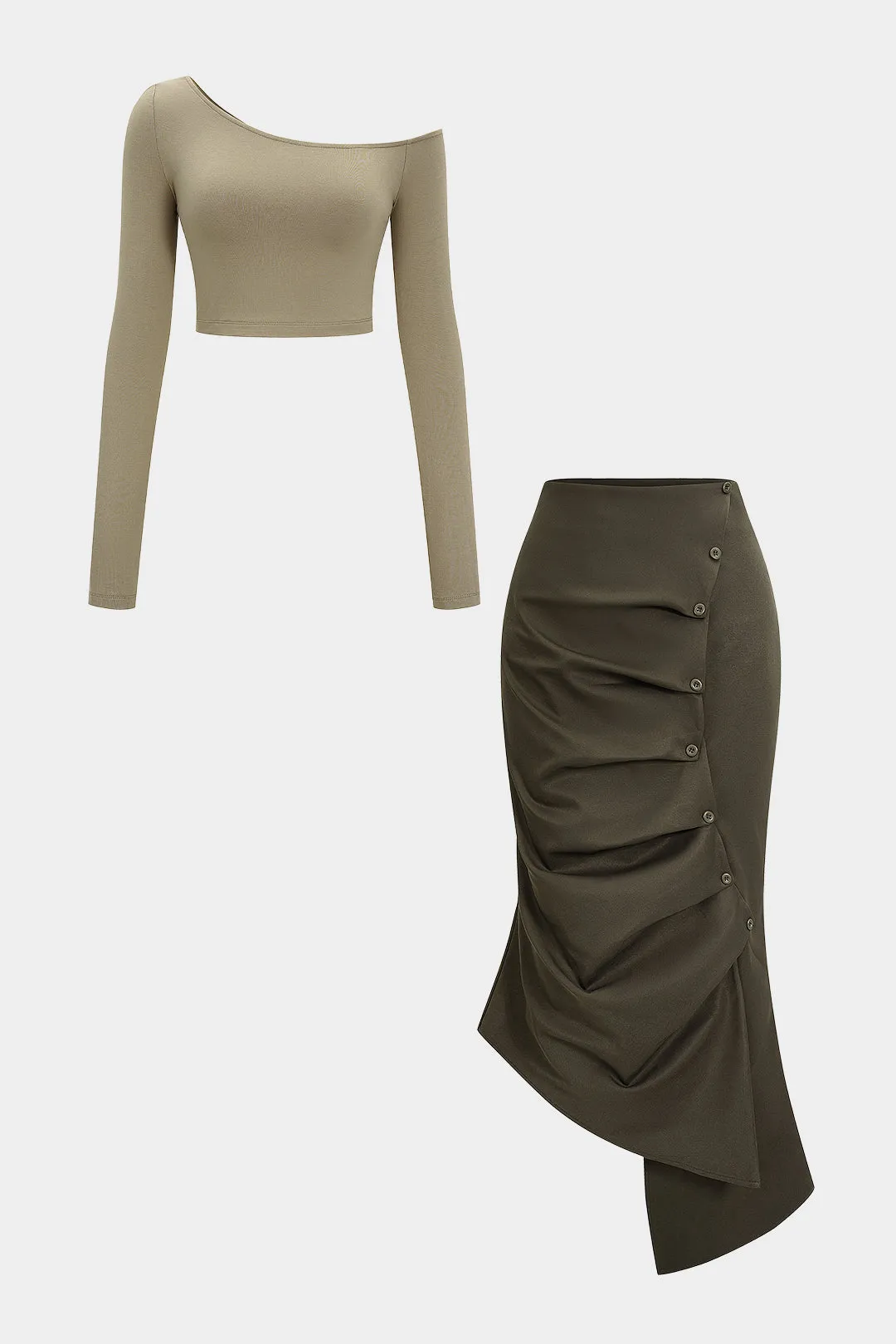 Asymmetrical Neck Long-Sleeve Top And Button Pleated Zipper Low Waist Skirt Set sold by Micas