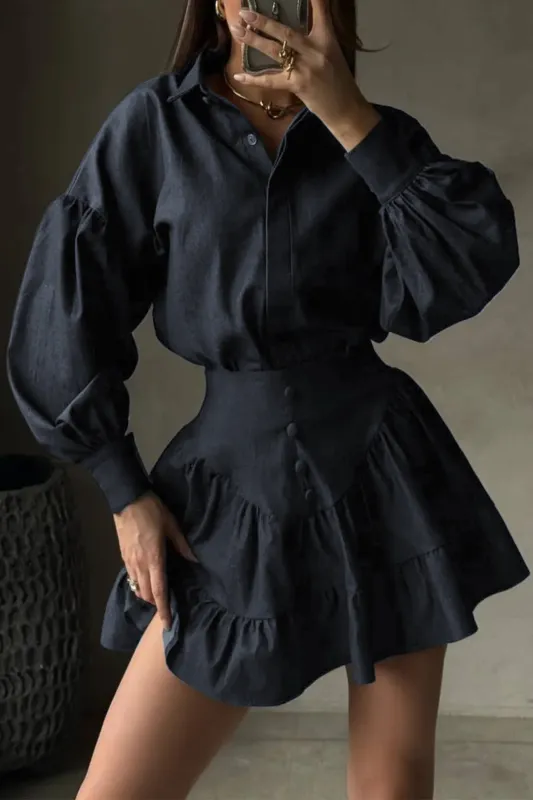 Ruched Button Long-Sleeve Top And Ruffle Mini Skirt Set sold by Micas