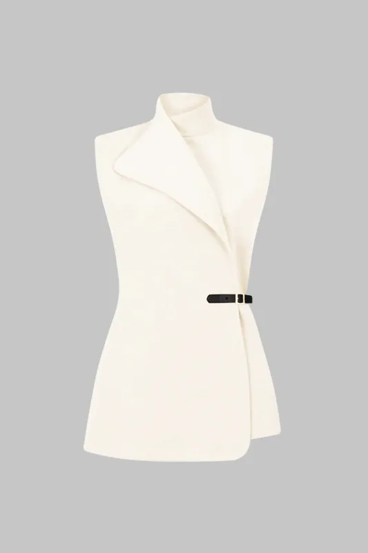 Mock Neck Asymmetrical Metallic Belted Vest sold by Micas