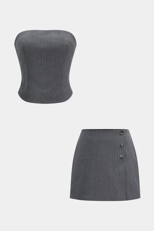 Smocked Zipper Tube Top And Button Mini Skirt Set sold by Micas