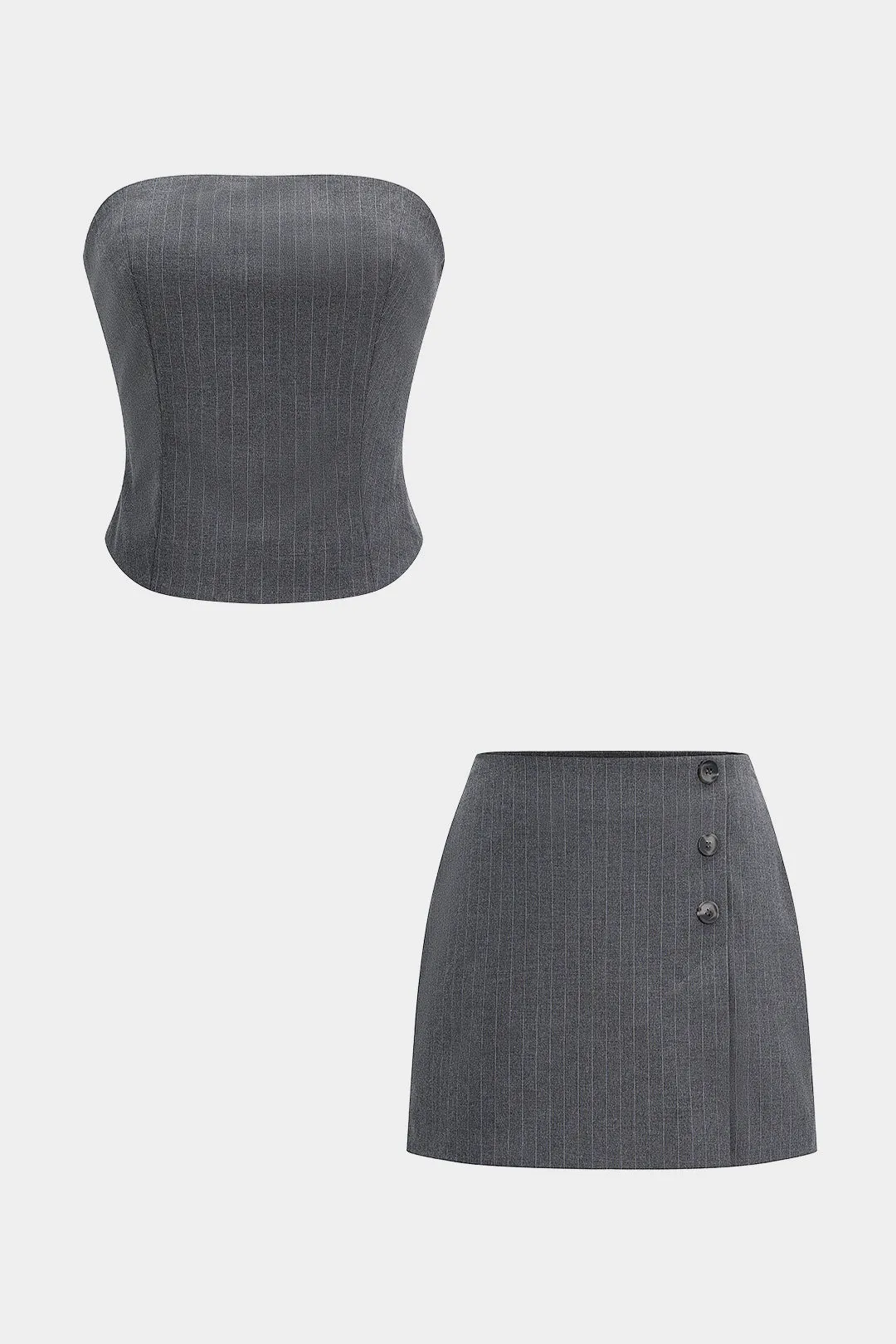 Smocked Zipper Tube Top And Button Mini Skirt Set sold by Micas