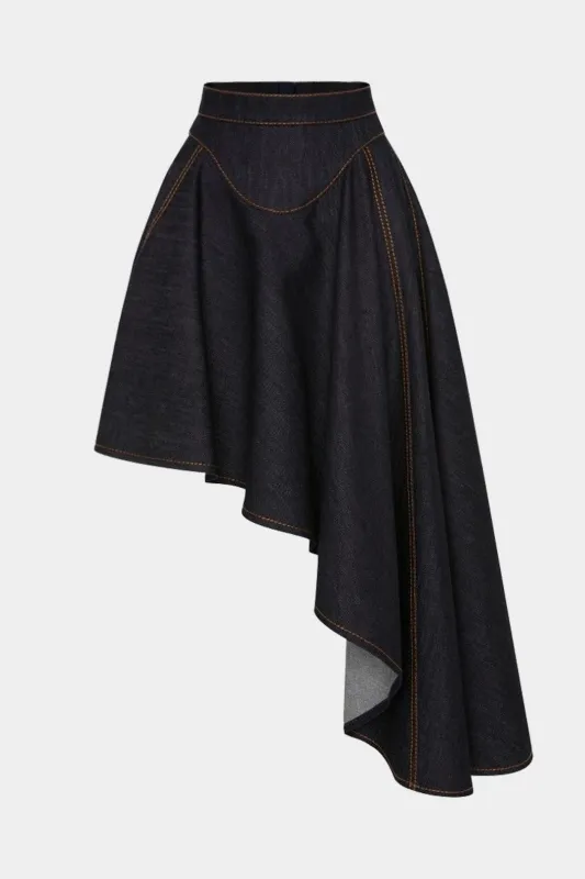 Denim Contrast Binding Ruffle Skirt sold by Micas