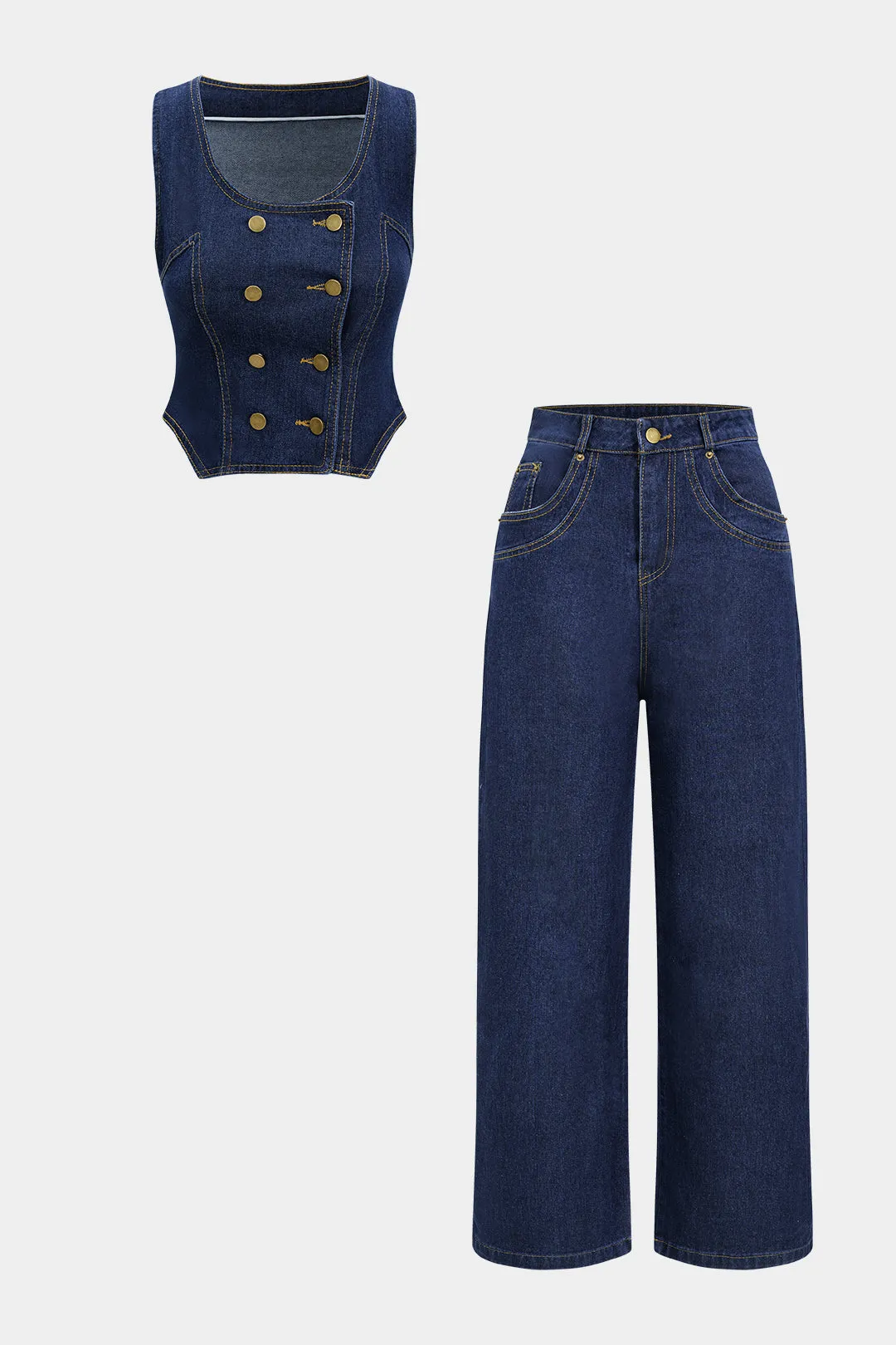 Denim Button Tank Top And High Waist Straight Leg Jeans Set sold by Micas