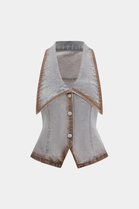 Denim Contrast Binding Button Washed V-Neck Crop Top sold by Micas