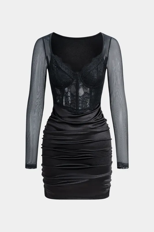 Mesh Patchwork Ruched Corset Long Sleeve Mini Dress sold by Micas