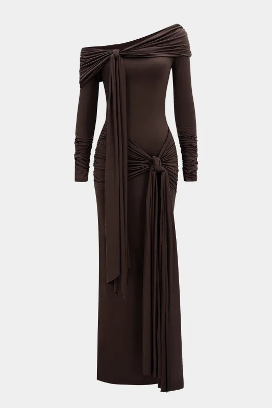 Off Shoulder Knotted Long Sleeve Maxi Dress sold by Micas